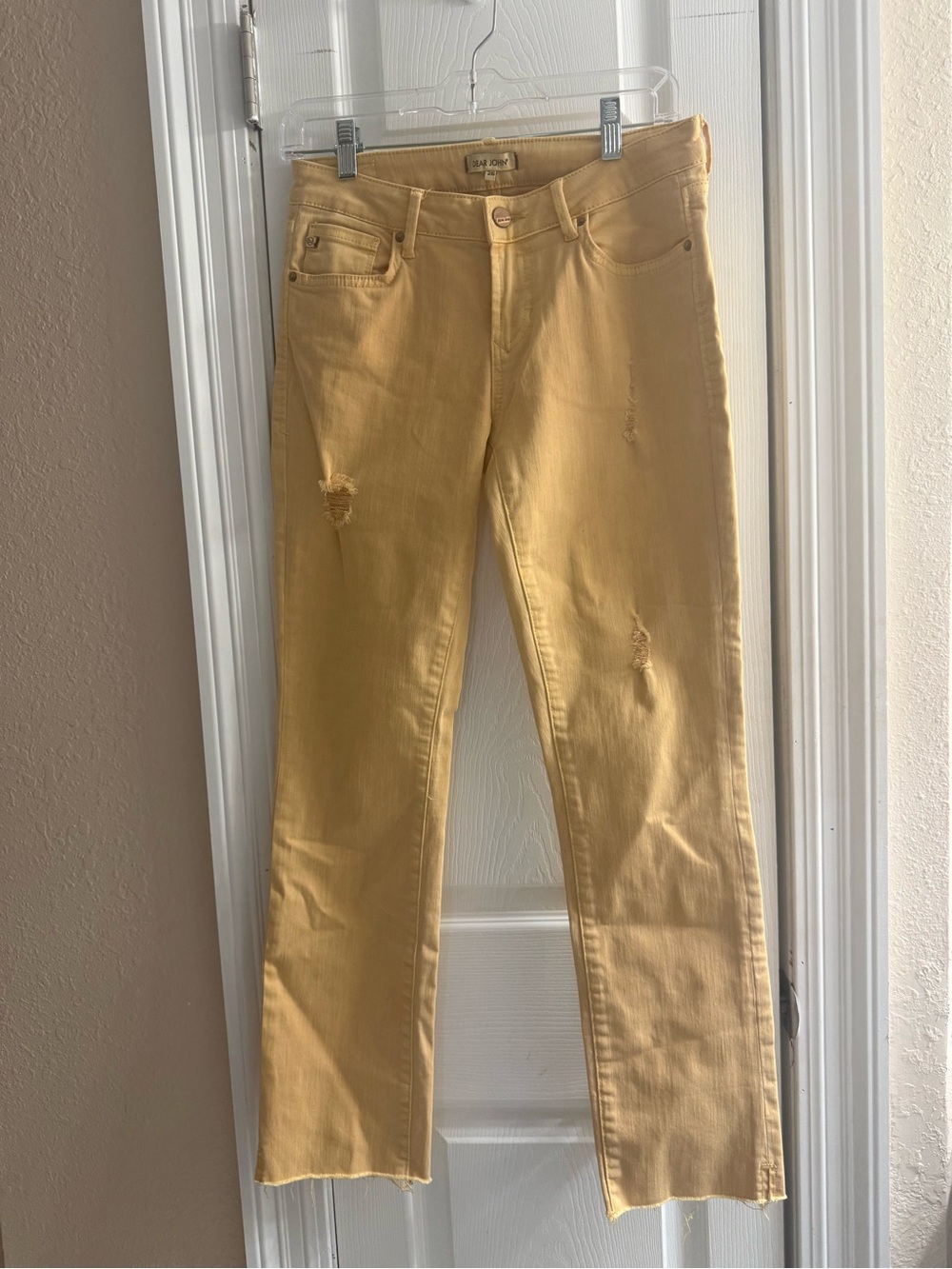 Dear John Cropped Straight Leg Distressed Yellow Jeans